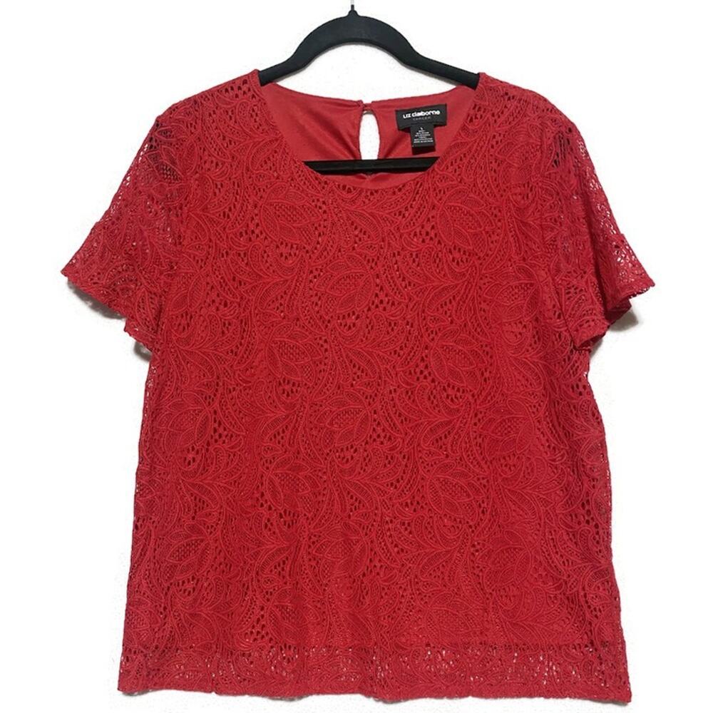 Liz Claiborne Lace Overlay Top Women's Size Large Red Floral Short Sleeve Lined